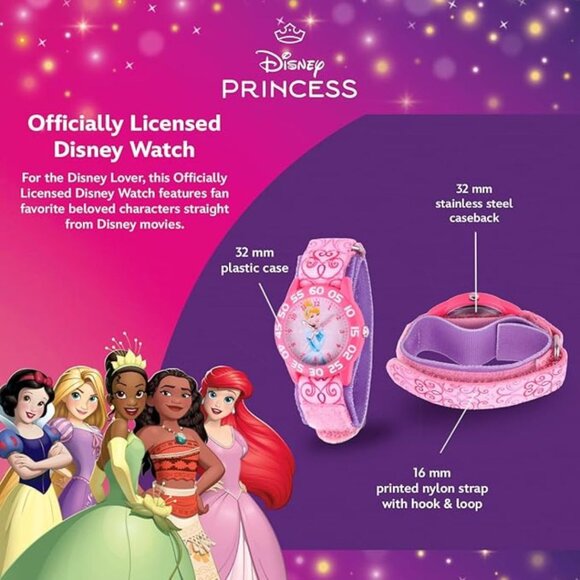 NWT - Disney Princess Kids' Plastic Time Teacher Analog Quartz Nylon Strap Watch - Picture 7 of 15